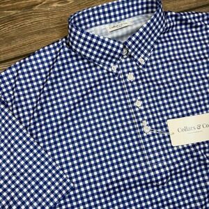Collars & Co Mens Polo Shirt Size XL Blue Gingham Dress Collar Short Sleeve NWT